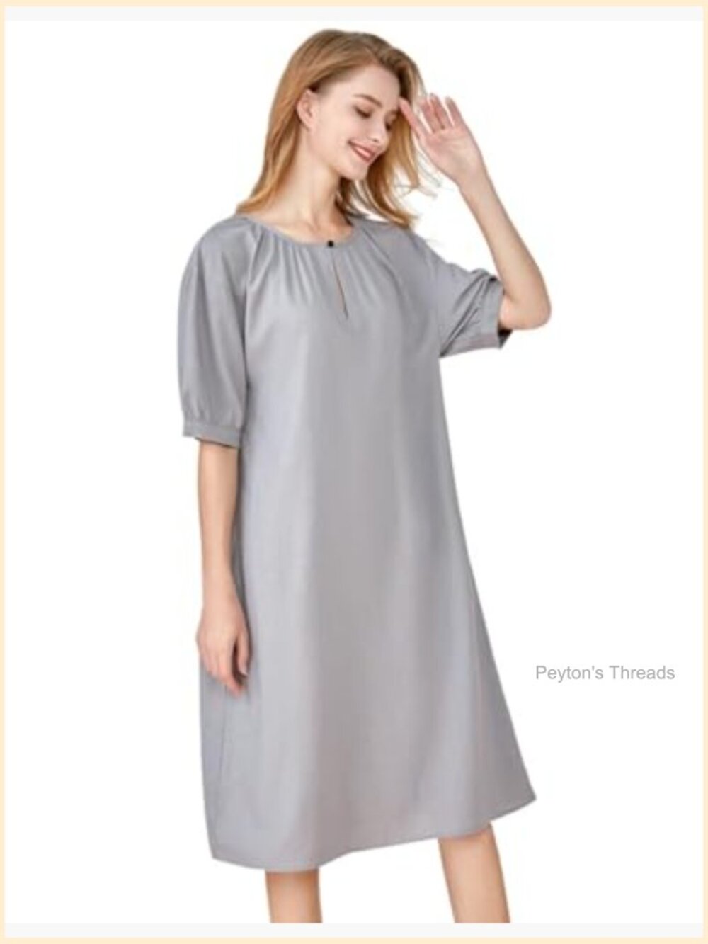 Cotton Linen Short Sleeve Midi Tunic Dress with Pockets - Picture 3 of 5